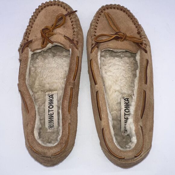 Minnetonka Moccasin Slippers Womens 9M Brown Suede Winter Warm Comfort Loafers - Picture 3 of 8
